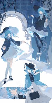 Rule 34 | 1girl, absurdres, asymmetrical legwear, black shoes, blue eyes, blue hair, blue pantyhose, blunt bangs, dated, dress, dried flower, expressionless, frilled dress, frills, hat, highres, holding, holding plant, holding smoking pipe, holding suitcase, jewelry, ladder, large hat, long hair, long sleeves, looking afar, looking at viewer, mismatched legwear, necklace, on ladder, original, pantyhose, plant, screentones, shen a fang, shoes, sitting, smoking pipe, solo, standing, suitcase, tassel, twintails, two-sided fabric, watermark, wide sleeves