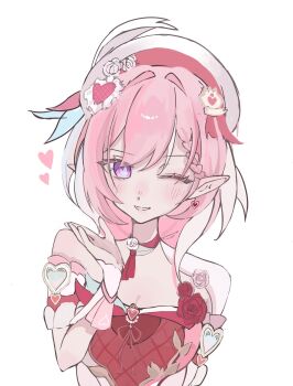 1girl ;) beret breasts cleavage commentary_request dress earrings elf elysia_(hi_love_elf)_(honkai_impact) elysia_(honkai_impact) hat heart heart_earrings highres honkai_(series) honkai_impact_3rd jewelry large_breasts long_hair looking_at_viewer multicolored_hair one_eye_closed pink_hair pointy_ears purple_eyes red_dress simple_background smile solo toha_tm11 two-tone_hair white_background white_hair