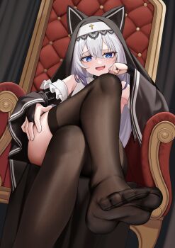 1girl absurdres armchair blue_eyes chair crossed_legs feet grey_hair highres kirizuki long_hair looking_at_viewer nun open_mouth original see-through_clothes see-through_legwear sitting soles thighhighs toes
