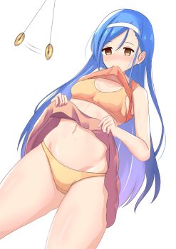1girl bare_shoulders blue_hair blush bokutachi_wa_benkyou_ga_dekinai bra breasts brown_eyes brown_skirt cameltoe cleavage clothes_lift coin commentary_request crotch_seam furuhashi_fumino groin hairband haruduki hypnosis long_hair mind_control mouth_hold navel orange_shirt panties pendulum shirt shirt_lift skirt skirt_lift small_breasts solo standing tank_top thighs underwear white_background yellow_bra yellow_panties