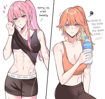 abs absurdres amlichan blunt_bangs body_writing bottle breasts clothes_lift clothes_writing earrings english_text exercising feather_earrings feathers gradient_hair highres holding holding_bottle hololive hololive_english hot jewelry large_breasts lifting_own_clothes long_hair mori_calliope multicolored_hair nervous_sweating official_alternate_hairstyle orange_hair pink_hair ponytail red_eyes shirt_lift shorts sidelocks sports_bra sportswear sweat takanashi_kiara tank_top underwear_writing virtual_youtuber water_bottle wiping_face wiping_sweat wiping_with_clothes yuri