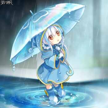 1girl :o blue_boots blue_hair boots coat copyright_name dairoku_ryouhei full_body gloves hagihiyo_(hagihiyo525) hair_rings hood hood_up medium_hair mini_person mitsuhi_lecott multicolored_hair outdoors rain red_eyes ripples rubber_boots solo streaked_hair umbrella wet white_gloves white_hair