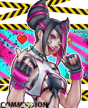 1girl absurdres ai_shou black_collar black_hair blue_eyes breasts candy collar commission food hair_horns han_juri heterochromia highres holding holding_candy holding_food holding_lollipop lollipop multicolored_hair open_mouth purple_eyes purple_hair saliva saliva_trail small_breasts spiked_collar spikes streaked_hair street_fighter street_fighter_6 tongue tongue_out two-tone_hair upper_body vest white_vest