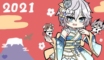 &gt;_&lt; 2021 3girls :d anastasia_(idolmaster) animal_costume animal_ears bare_shoulders bird blue_eyes blue_flower blue_sleeves brown_eyes brown_hair chibi chinese_zodiac closed_eyes cow_costume cow_ears cow_horns detached_sleeves egasumi eggplant fake_animal_ears fake_horns flower grey_hair hair_between_eyes hair_flower hair_ornament hands_up hatsuyume hawk horns idolmaster idolmaster_cinderella_girls kanzaki_ranko kawamochi_(kawauti919) long_sleeves looking_at_viewer mini_person minigirl mount_fuji multiple_girls nail_polish nitta_minami obi open_mouth ringlets sash smile twintails white_flower white_nails wide_sleeves xd year_of_the_ox