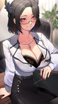 Rule 34 | 1girl, black bra, black hair, black horns, black skirt, blue hair, blurry, blurry background, blush, bra, breasts, cleavage, collarbone, glasses, heart, heart-shaped pupils, highres, hololive, hololive english, horns, indoors, jewelry, lace, lace bra, large breasts, mole, mole under eye, multicolored hair, nerissa ravencroft, nerissa ravencroft (casual), pendant, purple eyes, purple nails, semi-rimless eyewear, shirt, short hair, sitting, skirt, solo, sweat, symbol-shaped pupils, two-tone hair, under-rim eyewear, underwear, virtual youtuber, white shirt, xyrenityarts