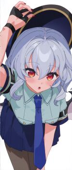 1girl :o absurdres alternate_costume black_gloves black_hat black_pantyhose blue_necktie blue_shirt blue_skirt breasts collared_shirt cowboy_shot fingerless_gloves gloves gotoh_(nekocat) hair_between_eyes half_gloves hand_on_headwear hat hat_tip highres leaning_forward looking_at_viewer medium_breasts medium_hair nail_polish necktie pantyhose pleated_skirt pocket police police_uniform policewoman red_eyes red_necktie remilia_scarlet scan shirt short_sleeves simple_background skirt solo third-party_source touhou white_background