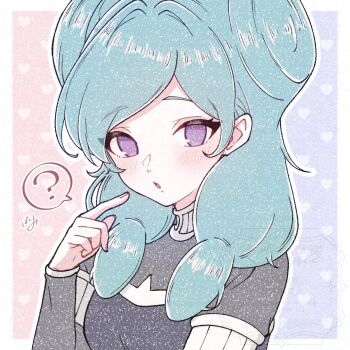 1girl aqua_hair beta_(inazuma_eleven) black_vest blush bodysuit border commentary finger_to_cheek grey_bodysuit heart highres inazuma_eleven_(series) inazuma_eleven_go inazuma_eleven_go_chrono_stone index_finger_raised long_sleeves looking_at_viewer oirabakumi4649 open_mouth outline purple_eyes solo vest watermark white_border white_outline