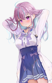 1girl absurdres ahoge blue_hair blue_skirt blush bow highres hololive long_hair long_sleeves minato_aqua minato_aqua_(sailor) mochiki_927 multicolored_hair purple_eyes purple_hair sailor_collar sailor_shirt shirt skirt smile streaked_hair virtual_youtuber