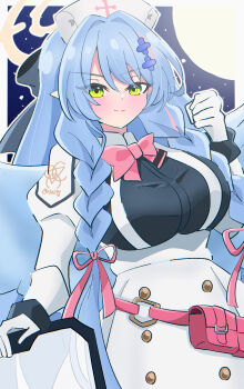 1girl absurdres ballistic_shield blue_archive blue_hair blue_wings blush bow braid breasts clenched_hand closed_mouth dress gloves green_eyes halo hat highres holding holding_shield large_breasts long_hair mine_(blue_archive) nurse_cap pink_bow pointy_ears shield shimotsukiya sidelocks smile solo twin_braids white_dress white_gloves white_hat wings yellow_halo