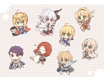 agravain_(fate) armor armored_dress artoria_pendragon_(fate) artoria_pendragon_(lancer)_(fate) beamed_eighth_notes bedivere_(fate) black_hair blonde_hair blue_dress braid breasts cape chibi cleavage cleavage_cutout closed_eyes clothing_cutout commentary crown dress excalibur_galatine_(fate) fate/grand_order fate_(series) gawain_(fate) green_eyes grey_hair holding holding_staff holding_sword holding_weapon knights_of_the_round_table_(fate) lancelot_(fate/grand_order) merlin_(fate) mordred_(fate) mordred_(fate/apocrypha) musical_note purple_eyes purple_hair rabi_(swordofthestone) red_cape red_hair robe saber_(fate) staff sword tristan_(fate) weapon white_robe