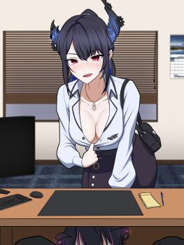 aradia_ravencroft asymmetrical_horns black_hair blue_hair breasts cleavage clothes_pull colored_inner_hair commentary demon_horns desk english_commentary highres hololive hololive_english horns implied_fellatio j-kat_(jellycat) large_breasts long_hair mole mole_under_eye multicolored_hair nerissa_ravencroft nerissa_ravencroft_(casual) official_alternate_costume pulling_own_clothes red_eyes shirt shirt_pull two-tone_hair virtual_youtuber white_shirt