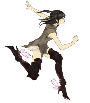 1girl armored_boots armpit_peek armpits artist_name bare_arms bare_shoulders black_eyes black_hair black_thighhighs boots brown_boots brown_shirt bug butterfly butternutmuffin chinese_clothes clenched_hand commentary_request d.gray-man english_text facing_to_the_side floating floating_hair frilled_panties frills frown hair_between_eyes high_heel_boots high_heels insect jewelry legs lenalee_lee looking_to_the_side medium_hair outstretched_arm panties panty_peek parted_bangs pink_butterfly profile running shirt side_slit sidelocks signature simple_background sleeveless sleeveless_shirt sleeveless_turtleneck solo thighhighs thighlet thighs turtleneck turtleneck_shirt two_side_up underwear white_background white_panties zettai_ryouiki