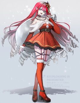 1girl baobhan_sith_(fate) bare_shoulders belt boots bow breasts cleavage collarbone commentary detached_collar diandao_qin dress earrings fate/grand_order fate_(series) full_body fur_trim grey_eyes hair_bow highres jewelry large_breasts long_hair looking_at_viewer off_shoulder open_mouth pink_hair pointy_ears red_boots red_dress sack santa_costume santa_dress sidelocks smile solo thigh_boots