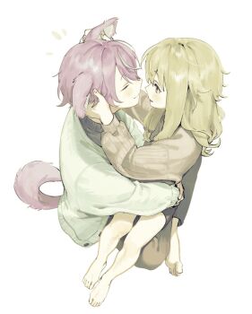 1boy 1girl animal_ears bare_legs blue_sweater brown_sweater cat_ears cat_tail closed_eyes closed_mouth green_hair highres kamishiro_rui kusanagi_nene long_hair low-tied_sidelocks multicolored_hair open_mouth project_sekai purple_hair sidelocks simple_background sitting sitting_on_lap sitting_on_person smile streaked_hair sweater tail undodo_0 white_background