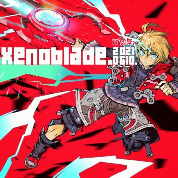 1boy armor blonde_hair blue_eyes gloves looking_at_viewer male_focus monado sasaki_tomomi short_hair shulk_(xenoblade) simple_background solo sweater sword vest weapon xenoblade_chronicles_(series) xenoblade_chronicles_1