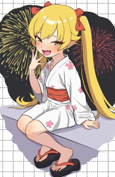 1girl :d absurdres aerial_fireworks bakemonogatari blonde_hair blush blush_stickers dotted_line fang fireworks flat_chest full_body hair_ribbon highres japanese_clothes kimono long_hair long_sleeves monogatari_(series) narrowed_eyes night ojou-sama_pose open_mouth oshino_shinobu pointy_ears red_ribbon ribbon sandals short_kimono sitting smile solo toes twintails very_long_hair white_kimono yellow_eyes yoshikirino yukata