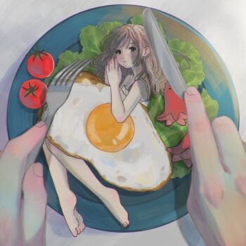 1girl 1other barefoot brown_hair cherry_tomato commentary food fork fried_egg highres holding holding_fork holding_knife in_food knife lettuce light_blush long_hair lying mini_person minigirl on_plate on_side original own_hands_together plate pov pov_hands solo_focus spaghetti_strap symbol-only_commentary tomato wa_mu_ta