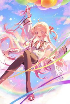1girl absurdres ahoge balloon black_thighhighs blonde_hair blue_sky blush bow bowtie cloud commentary dress footwear_bow fortissimo hair_ornament highres holding holding_balloon hololive hololive_dev_is jacket long_hair musical_note musical_note_hair_ornament open_clothes open_mouth otonose_kanade otonose_kanade_(1st_costume) pink_eyes pink_hair plaid_clothes plaid_dress rainbow red_bow red_bowtie red_eyes ribbon roha_(2r0ha1745) sky smile solo thighhighs virtual_youtuber white_jacket