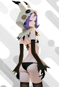 Rule 34 | 1girl, absurdres, acerola (fall 2020) (pokemon), acerola (pokemon), ass, bikini, black bikini, black gloves, black thighhighs, elbow gloves, flat chest, from behind, gen 7 pokemon, gloves, highres, hood, hood up, looking back, mimikyu, nintendo, otokakoto, pokemon, pokemon masters ex, purple eyes, purple hair, solo, swimsuit, thighhighs