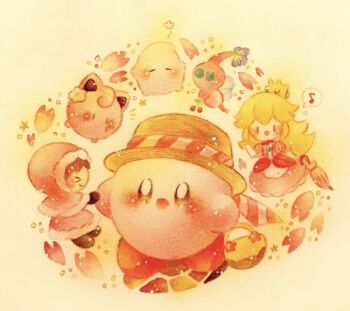 >_< 2girls ? basket blonde_hair blush boater_hat cherry cherry_blossoms closed_umbrella coat commentary_request crown dress flower food fruit gen_1_pokemon hat holding holding_basket ice_climber jigglypuff kirby kirby_(series) luma_(mario) mario_(series) multiple_girls nana_(ice_climber) nintendo painting_(medium) parka pikmin_(series) pink_dress pokemon pokemon_(creature) princess_peach spoken_question_mark super_smash_bros. traditional_media umbrella watercolor_(medium) winged_pikmin winter_clothes winter_coat yukichi_0611