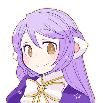 Rule 34 | 1girl, alternate color, animal ears, bear ears, blush, bow, bowtie, braid, brown eyes, closed mouth, commentary request, dress, half up braid, high priest (ragnarok online), long hair, looking at viewer, oekakipikki, portrait, purple dress, purple hair, ragnarok online, simple background, smile, solo, two-tone dress, white background, white bow, white bowtie, white dress