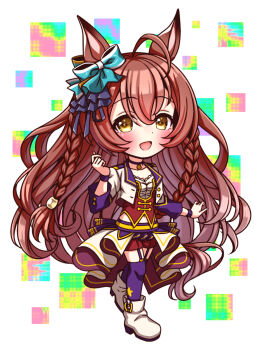 1girl ahoge animal_ears blush bodice boots bow braid breasts brown_eyes brown_hair chibi chibi_only choker commentary_request corset cropped_jacket ear_bow full_body garter_straps hair_between_eyes hair_ornament highres horse_ears horse_girl horse_tail jacket long_hair long_sleeves looking_at_viewer mejiro_bright_(umamusume) midriff_peek navel open_mouth overskirt pendant_choker purple_choker purple_garter_straps purple_thighhighs red_corset red_shorts shirt shorts side_braids small_breasts smile solo standing standing_on_one_leg star_(symbol) starting_future_(umamusume) sugimotty_nova tail thighhighs twin_braids umamusume white_boots white_jacket white_shirt wristband