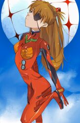 Rule 34 | 1girl, :/, ass, blue eyes, bodysuit, breasts, chibi, closed mouth, collar, eyepatch, hair between eyes, hair ornament, hands on own hips, interface headset, long hair, looking at viewer, neon genesis evangelion, orange hair, pilot suit, plugsuit, rebuild of evangelion, red bodysuit, shiny clothes, simple background, skin tight, solo, souryuu asuka langley, standing, standing on one leg, tsundere, two side up, very long hair, wide hips