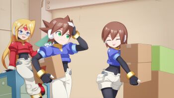 1girl 2boys absurdres aile_(mega_man_zx) black_bodysuit blonde_hair blue_jacket bodysuit box brother_and_sister brown_hair closed_mouth girouette_(mega_man) glasses green_eyes highres holding holding_box jacket jwc_vevo long_hair mega_man_(series) mega_man_zx multiple_boys open_mouth pants red_jacket robot_ears semi-rimless_eyewear short_hair shorts siblings sitting tongue tongue_out under-rim_eyewear vent_(mega_man) walking white_pants white_shorts