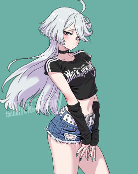 1girl belt blush choker collarbone commentary_request cropped_shirt cutoff_jeans cutoffs denim green_eyes grey_hair gundam gundam_suisei_no_majo highres jeans long_hair midriff miorine_rembran nail_polish navel pants shirt simple_background solo t-shirt yamashita_shun'ya