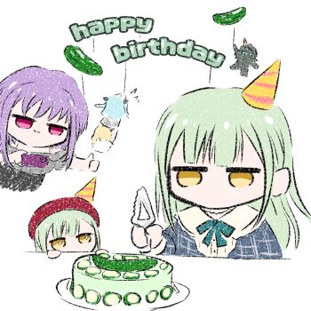 6+girls :3 absurdres bang_dream! bang_dream!_it's_mygo!!!!! beret blonde_hair blue_hair cake chibi commentary cucumber dual_persona food green_hair grey_shirt happy_birthday hat highres jo8blhrvkta6duw long_hair long_sleeves misumi_uika mortis_(bang_dream!) mortis_(costume)_(bang_dream!) mortis_(persona)_(bang_dream!) multiple_girls party_hat pink_eyes purple_hair red_hat shirt simple_background thumbs_up togawa_sakiko wakaba_mutsumi white_background yahata_umiri yellow_eyes yuutenji_nyamu