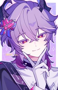 Rule 34 | 1boy, dragon, dragon boy, dragon horns, durin (genshin impact), genshin impact, gloves, hana cms, hashtag-only commentary, head tilt, horns, looking at viewer, male focus, multicolored eyes, multicolored hair, ribbon, smile, solo, solo focus, sparkle, v, watermark, white gloves