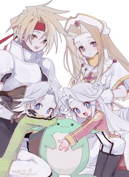 2boys 2girls absurdres armor bare_shoulders black_pantyhose blonde_hair blue_eyes blush breasts brown_eyes closed_mouth clothing_cutout coat commentary_request cress_albane dio_(tales) dress flipped_hair gloves green_coat hair_intakes hand_on_another's_shoulder hat headband highres kneeling kururu_(tales) long_hair long_sleeves looking_at_viewer mel_(tales) mint_adenade multiple_boys multiple_girls nancykittyu nurse_cap open_mouth pants pantyhose pink_coat purple_hair red_headband short_hair short_sleeves shoulder_cutout simple_background smile tales_of_(series) tales_of_phantasia tales_of_phantasia:_narikiri_dungeon white_background white_dress white_gloves white_hat white_headband white_pants