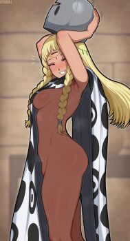 1girl afrobull arched_bangs ass atlus blonde_hair blush braid breasts closed_eyes collared_cloak covering_privates dark-skinned_female dark_skin eupha_(metaphor:_refantazio) from_side hairband helmet highres long_hair metal_hairband metaphor:_refantazio nude_cover patterned_clothing poncho shin_megami_tensei smile solo thighs third_eye triclops twin_braids