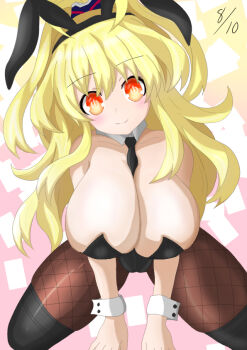 animal_ears blonde_hair bodysuit breasts cleavage collar cuffs hairband konkon2828 large_breasts leggings long_hair neptune_(series) orange_eyes pish playboy_bunny poinytail rabbit rabbit_ears rabbit_girl ribbon smile very_long_hair yellow_heart_(neptunia)