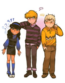 Rule 34 | ..., 1girl, 2boys, aged up, black hair, blonde hair, blue hairband, blush, charlie brown, dress, dubu274611, eye contact, hairband, highres, long hair, long sleeves, looking at another, lucy van pelt, multiple boys, peanuts (comic), puffy long sleeves, puffy sleeves, purple sweater, schroeder (peanuts), short hair, striped clothes, striped sweater, sweater, yaoi, yellow sweater