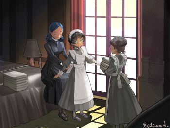 3girls a-pose apron artist_name back_bow bed bed_sheet bindi black_dress black_hair bow breasts closed_eyes closed_mouth commentary curtains dark-skinned_female dark_skin door double_bun dress edo_mond_(edoedoedomond) frilled_apron frills glass_door green_eyes grey_dress gundam gundam_gquuuuuux hair_bun holding holding_towel kanchana lalah_sune lamp lampshade long_dress looking_at_another looking_back maid maid_headdress mary_janes medium_breasts medium_hair multiple_girls on_bed pantyhose shadow shoes short_hair sitting smile standing sunlight thighhighs towel twitter_username tying_apron vani_(gundam) white_bow white_thighhighs window_shadow