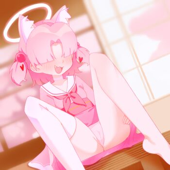 1girl :3 absurdres animal_ear_fluff animal_ears architecture blue_archive cameltoe cat_ears chlorella_observation_club_member_(blue_archive) curtained_hair east_asian_architecture fang full_body gloves hair_bobbles hair_ornament hair_over_eyes halo heart highres indoors japanese_clothes loli m_legs neckerchief noxtwice obi open_mouth panties paper_wall pink_hair pink_halo pink_neckerchief pink_panties pink_serafuku pink_theme sash school_uniform serafuku single_bare_foot single_thighhigh sitting solo spread_legs thighhighs two_side_up underwear white_gloves