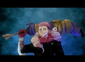 Rule 34 | 1boy, alternate form, artist name, clawed gauntlets, creature, creature on shoulder, facial scar, finger sword, gold ring, grin, highres, itadori yuuji, jovzkyanimation, jujutsu kaisen, letterboxed, male focus, on shoulder, over shoulder, pink hair, red eyes, red hood, ringed eyes, ryoumen sukuna (jujutsu kaisen), ryoumen sukuna (true form) (jujutsu kaisen), scar, scar on cheek, scar on face, scar on forehead, smile, sword, sword over shoulder, undercut, upper body, weapon, weapon over shoulder, worm
