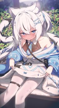 1girl absurdres animal_ear_fluff animal_ears bare_shoulders black_hair blue_eyes blurry blurry_background blush bush commentary_request commission dress hair_between_eyes hair_intakes hair_ornament hair_ribbon highres hoplitx long_sleeves looking_at_viewer multicolored_hair necktie original pantyhose pixiv_commission ribbon short_necktie sitting smile snowflake_print solo streaked_hair sweat tail thigh_strap white_hair white_pantyhose white_ribbon