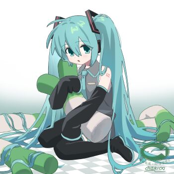 1girl absurdres artist_logo blue_eyes blue_hair boots checkered_background collared_shirt detached_sleeves hair_ornament hatsune_miku headphones highres holding holding_stuffed_toy logo long_hair long_sleeves necktie nerio_(neri_akira) open_mouth shirt signature sitting sleeveless sleeveless_shirt sleeves_past_fingers sleeves_past_wrists solo stuffed_animal stuffed_food stuffed_spring_onion stuffed_toy thigh_boots twintails very_long_hair vocaloid wariza watermark