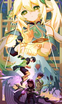 Rule 34 | 1boy, 2girls, abstract background, blunt bangs, chinese commentary, commentary request, electricity, engulfing lightning (genshin impact), from side, full body, genshin impact, green eyes, green hair, hair between eyes, hair ornament, head tilt, highres, holding, holding polearm, holding weapon, japanese clothes, jingmaishaonu, kimono, leaf hair ornament, long hair, long sleeves, looking at viewer, mother and son, multiple girls, nahida (genshin impact), pointy ears, polearm, purple kimono, raiden shogun, scaramouche (genshin impact), scaramouche (kabukimono) (genshin impact), shorts, side ponytail, sketch, star-shaped pupils, star (symbol), symbol-shaped pupils, unfinished, upper body, wanderer (genshin impact), weapon, wide sleeves