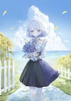 1girl bell black_corset black_skirt blue_eyes blue_hair blue_sky blush bouquet buttons center_frills closed_mouth cloud collared_shirt commentary_request commission corset cross-laced_clothes cumulonimbus_cloud day falling_petals feet_out_of_frame fence fingerless_gloves floating_hair flower frilled_gloves frilled_shirt frilled_shirt_collar frilled_skirt frills gloves hair_flower hair_ornament half-skirt holding holding_bouquet horizon inaba_0717 indie_virtual_youtuber layered_skirt leaf_hair_ornament light_particles looking_at_viewer medium_skirt neck_bell ocean outdoors parted_bangs path petals picket_fence purple_flower purple_skirt road second-party_source shirt short_hair sidelocks skeb_commission skirt sky sleeveless sleeveless_shirt smile solo standing sunflower sunlight tsurigane_fuuri virtual_youtuber water white_fence white_gloves wind wing_collar wooden_fence yellow_flower yellow_petals