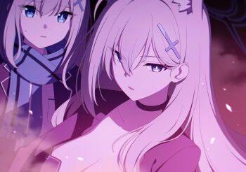 2girls animal_ear_fluff animal_ears artist_request black_choker black_dress blue_archive blue_eyes blue_jacket blue_necktie blue_scarf breasts choker cleavage dress extra_ears game_cg grey_hair hair_between_eyes highres jacket large_breasts long_hair multiple_girls necktie non-web_source official_art open_mouth scarf shiroko_(blue_archive) shiroko_terror_(blue_archive) shirt sweatdrop white_shirt wolf_ears wolf_girl