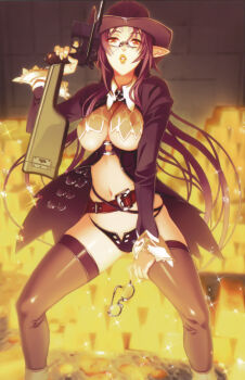 1girl arm_support belt breasts coin cowboy_hat cowboy_western elf facial_mark female_focus forehead_mark game_cg glasses gold gun handgun hat highres large_breasts lily_salvatana lipstick long_hair makeup mauser_c96 nishii_(damnedrive) nitroplus non-web_source pistol pointy_ears purple_hair revolver solo thighhighs treasure underboob weapon yellow_eyes zoku_satsuriku_no_django