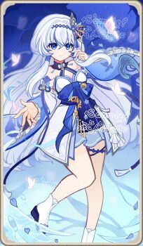 1girl absurdres aoyechen bare_shoulders blue_butterfly blue_eyes bug butterfly chinese_commentary chinese_text closed_mouth commentary_request detached_sleeves dress english_text full_body genius_invokation_tcg_(style) hair_between_eyes hair_ornament highres insect japanese_clothes long_hair long_sleeves looking_at_viewer mixed-language_text multicolored_hair original smile solo watermark white_dress white_hair