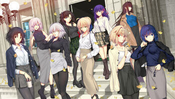 Rule 34 | 6+girls, absurdres, ahoge, aozaki aoko, arcueid brunestud, artoria pendragon (fate), autumn, autumn leaves, bag, bare shoulders, black boots, black coat, black pantyhose, black shirt, black skirt, blonde hair, blue eyes, blue hair, blue ribbon, blue skirt, blurry, boots, bracelet, building, cardigan, ciel (tsukihime), closed mouth, coat, collarbone, commentary request, falling leaves, fate/grand order, fate/stay night, fate (series), ginkgo leaf, green eyes, grey skirt, high-waist skirt, highres, holding, iro (sekaixiro), jeanne d'arc alter (fate), jewelry, kara no kyoukai, knee boots, lamppost, leaf, long hair, long sleeves, looking at viewer, looking to the side, mahou tsukai no yoru, mash kyrielight, matou sakura, multiple girls, on stairs, outdoors, pantyhose, pencil skirt, red eyes, ribbon, ryougi shiki, saber (fate), shirt, short hair, skirt, smile, stairs, standing, sweater, tohsaka rin, tsukihime, tsukihime (remake), type-moon heroines, white hair, white shirt, white sweater, yellow eyes