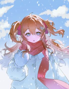 1girl ambermut blue_eyes blue_gloves blue_jacket blue_sky brown_hair cloud commentary_request day gloves hair_between_eyes hair_ornament hair_ribbon heart heart_hair_ornament highres jacket long_hair long_sleeves looking_at_viewer neuro-sama open_mouth outdoors pink_ribbon red_scarf ribbon scarf sky snowing solo two_side_up vedal_ai virtual_youtuber