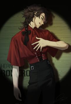 1boy bbbb0927 brown_hair commentary_request hand_on_own_chest hernando_romero highres identity_v korean_commentary looking_to_the_side male_focus medium_hair multiple_scars scar scar_on_face tongue tongue_out yellow_eyes