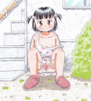 1girl absurdres apartment black_hair blush bow bow_panties brown_eyes building bush censored clothing_aside collarbone crocs dress flat_chest flower grass hair_flower hair_ornament highres loli looking_at_viewer marup navel nipples original panties panties_aside pink_shoes polka_dot polka_dot_dress pussy red_bow rock shoes short_hair sleeveless sleeveless_dress smile spread_pussy squatting stairs strap_slip tamagawa_apartment_complex_girl_(marup) traditional_media twintails underwear white_dress white_flower white_panties window