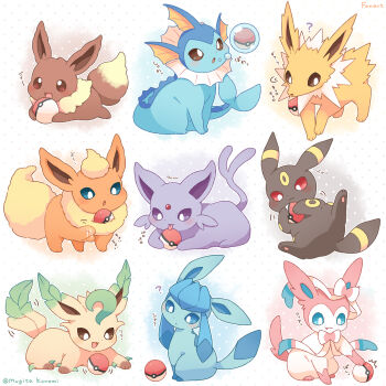 :3 :o ? artist_name blue_eyes blush bright_pupils brown_eyes brown_fur closed_mouth commentary_request eevee espeon fang fang_out flareon gen_1_pokemon gen_2_pokemon gen_4_pokemon gen_6_pokemon glaceon highres jolteon leafeon licking mugita_konomi multiple_tails nintendo no_humans open_mouth orange_fur poke_ball poke_ball_(basic) pokemon polka_dot polka_dot_background purple_eyes red_eyes sylveon tail two_tails umbreon vaporeon white_background white_pupils yellow_fur